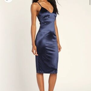 Best of Everything Navy Blue Satin Bodycon Midi Dress